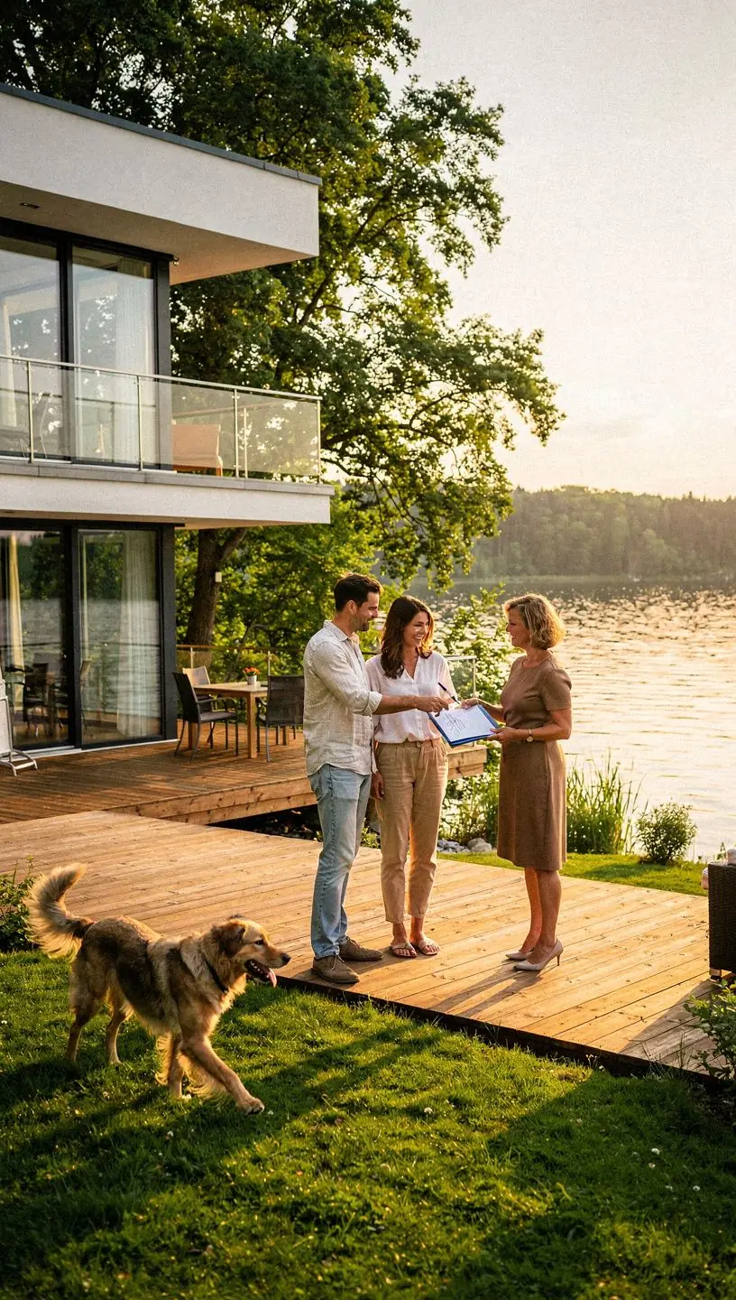 Visualisierung eines detaillierten Bauplans neben einem Taschenrechner und Vertragsdokumenten für Immobilienfinanzierung.